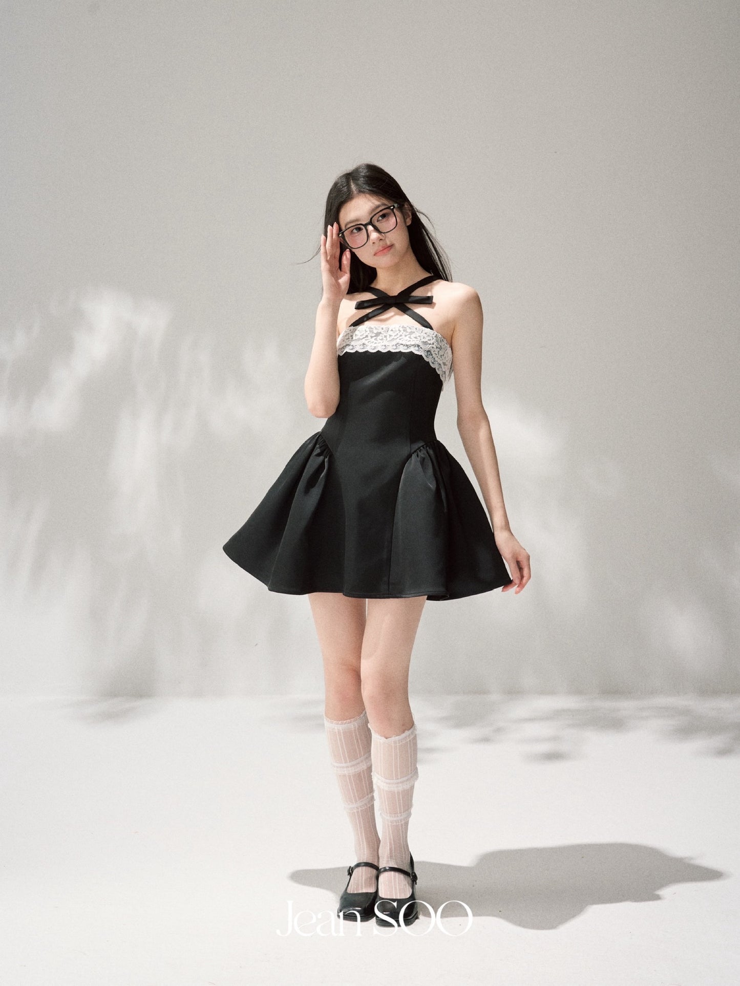 JEAN SOO Sweet Vacation Black Lace Bow Mini Dress