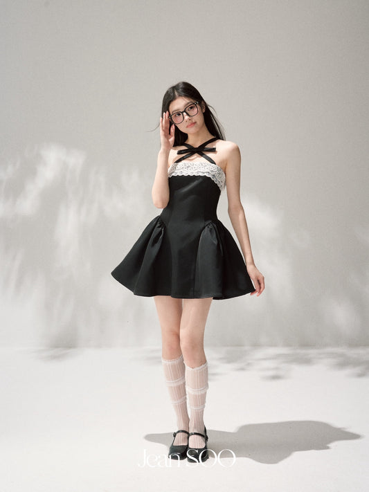 JEAN SOO Sweet Vacation Black Lace Bow Mini Dress