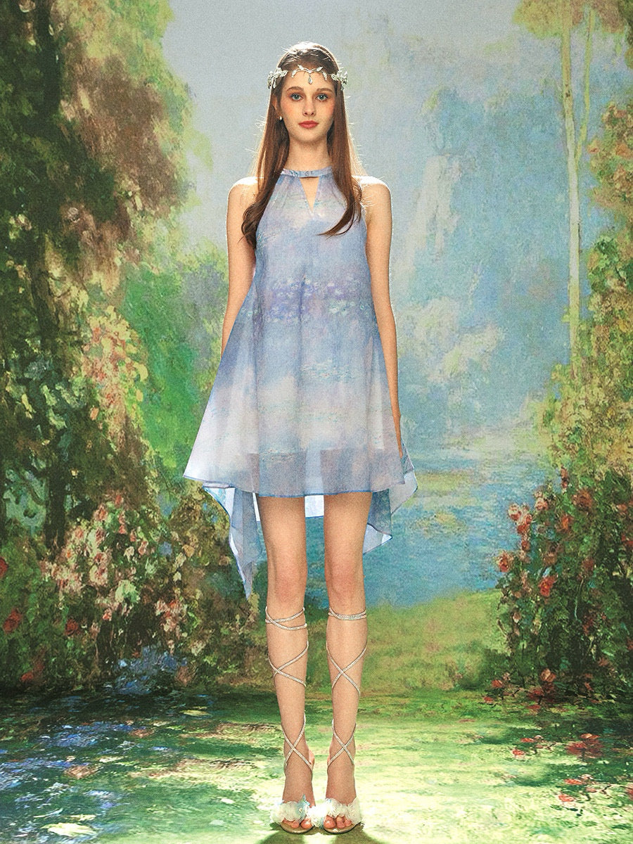 KINGWEN blue water lily mini dress