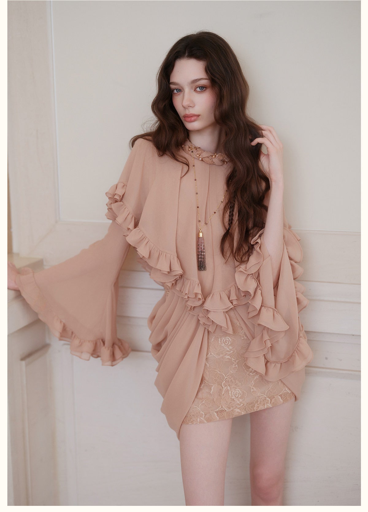 Black High-Neck Beaded Ruffle Bell-Sleeve Chiffon Overlay with Lace Mini Dress