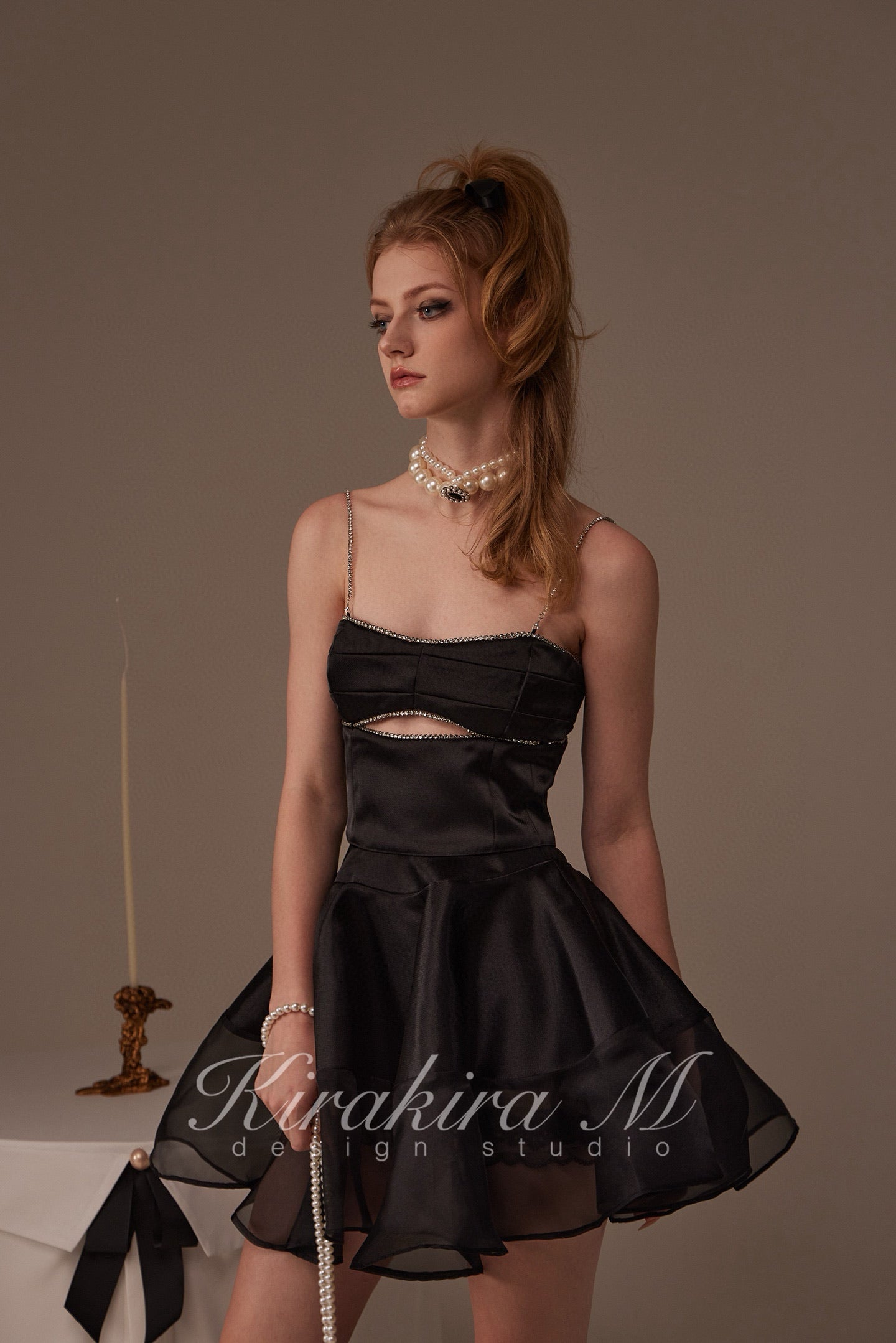 Kirakira M Black Rhinestone Hollow Out Top &Tulle Skirt