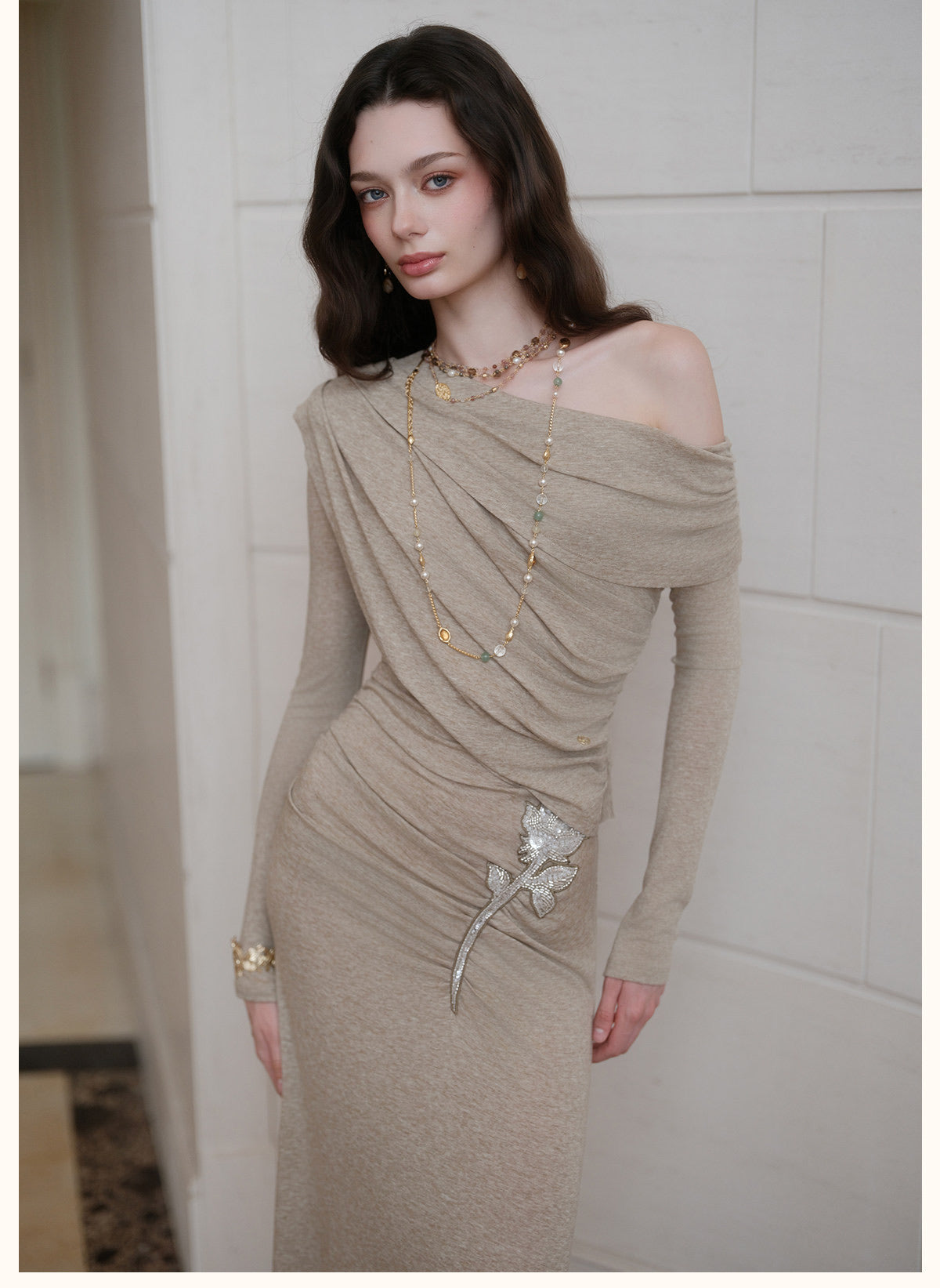 Brown Off-Shoulder Cross-Drape Long-Sleeve Knit Gown Midi Dress