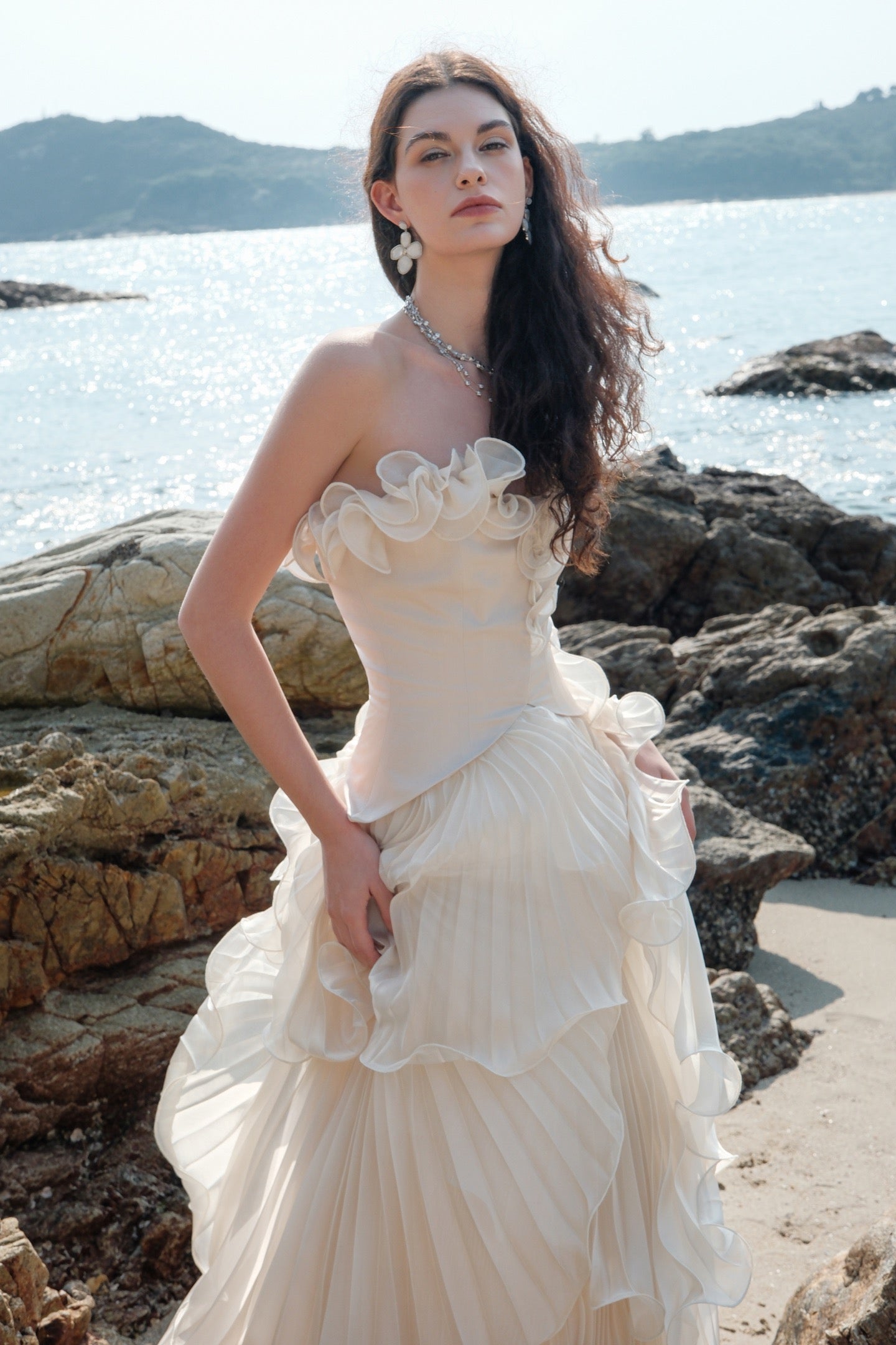 SHEERLUCK Sweet Vacation Pink Venetian Pleated Subtle Pearl-Effect Shimmer Maxi Dress