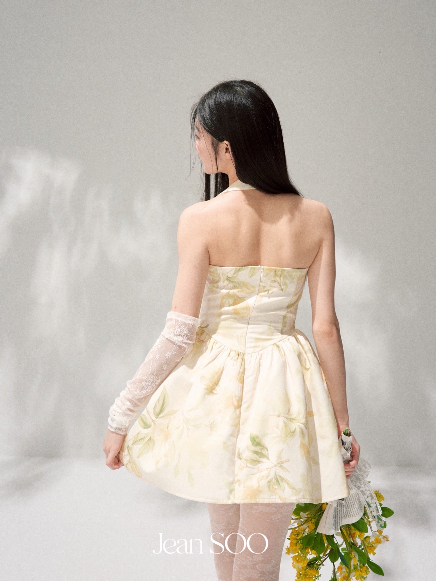 Yellow Ink Floral Halter Strapless Bow A-Line Mini Dress