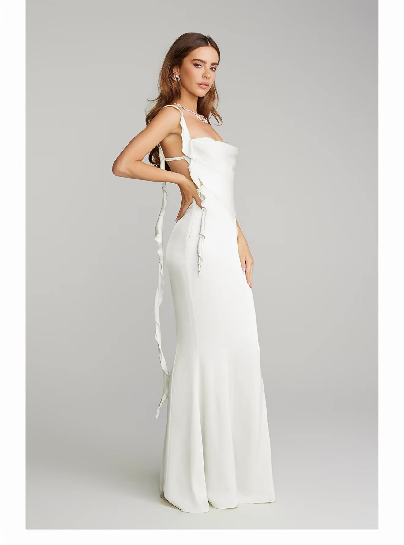 White Satin Mermaid Ruffle Strap Open-Back Willow Maxi Dress