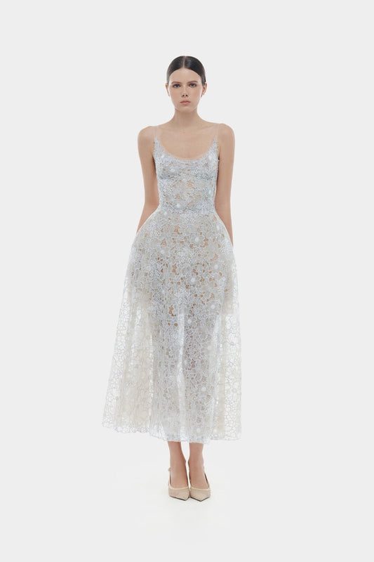 MONTSAND Blue Flower Lace Midi Dress