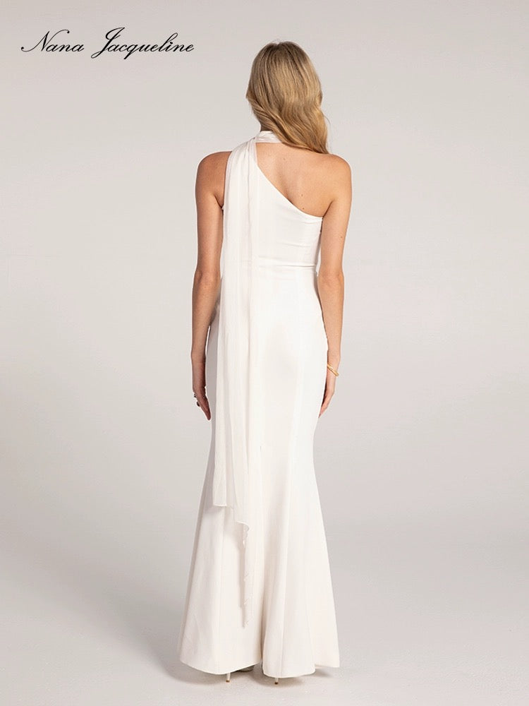 NanaJacqueline white ribbon with diagonal collar fish tail maxi dress