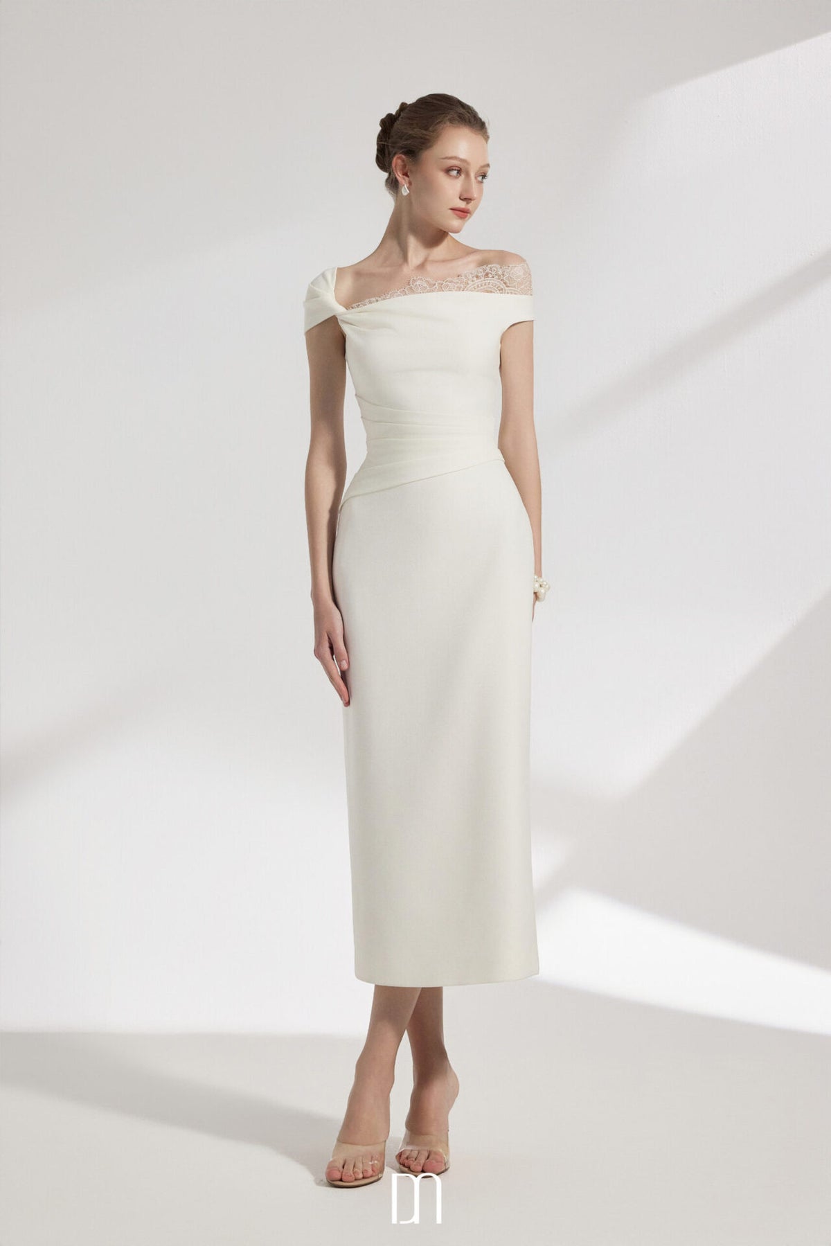 White Elysian Lace Asymmetric Midi Dress