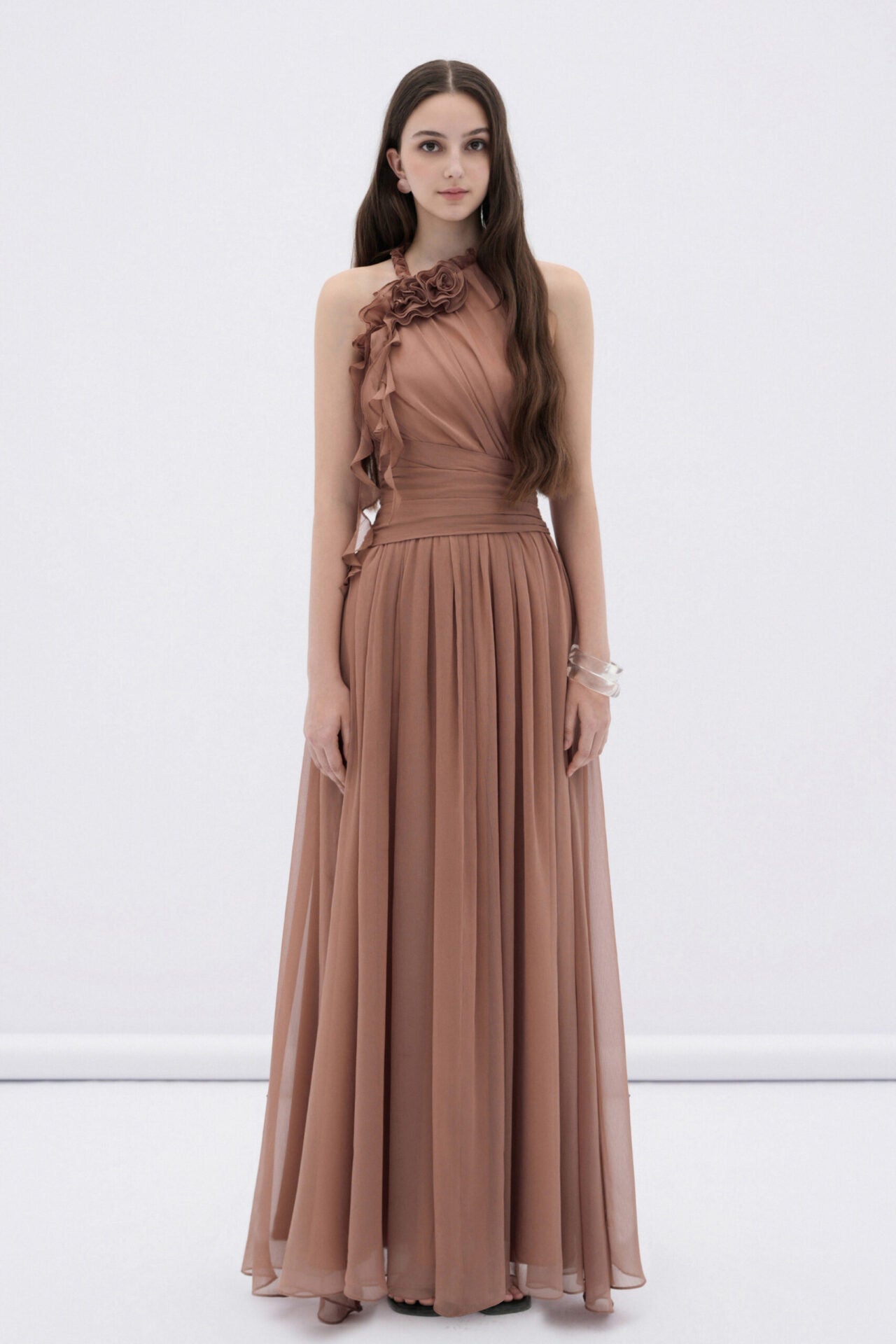 DENIOVN Elegant Fairycore Brown Mireille Halter Neck Maxi Dress