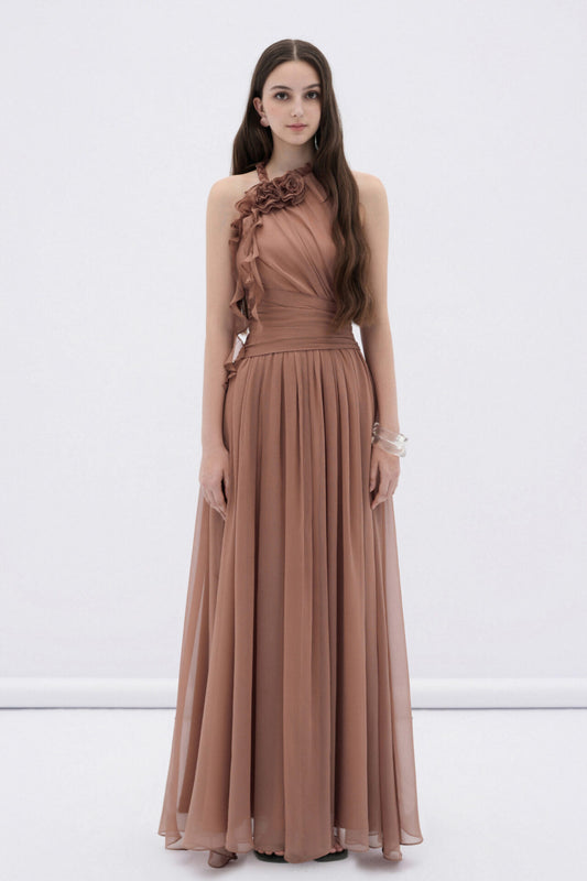 DENIOVN Elegant Fairycore Brown Mireille Halter Neck Maxi Dress