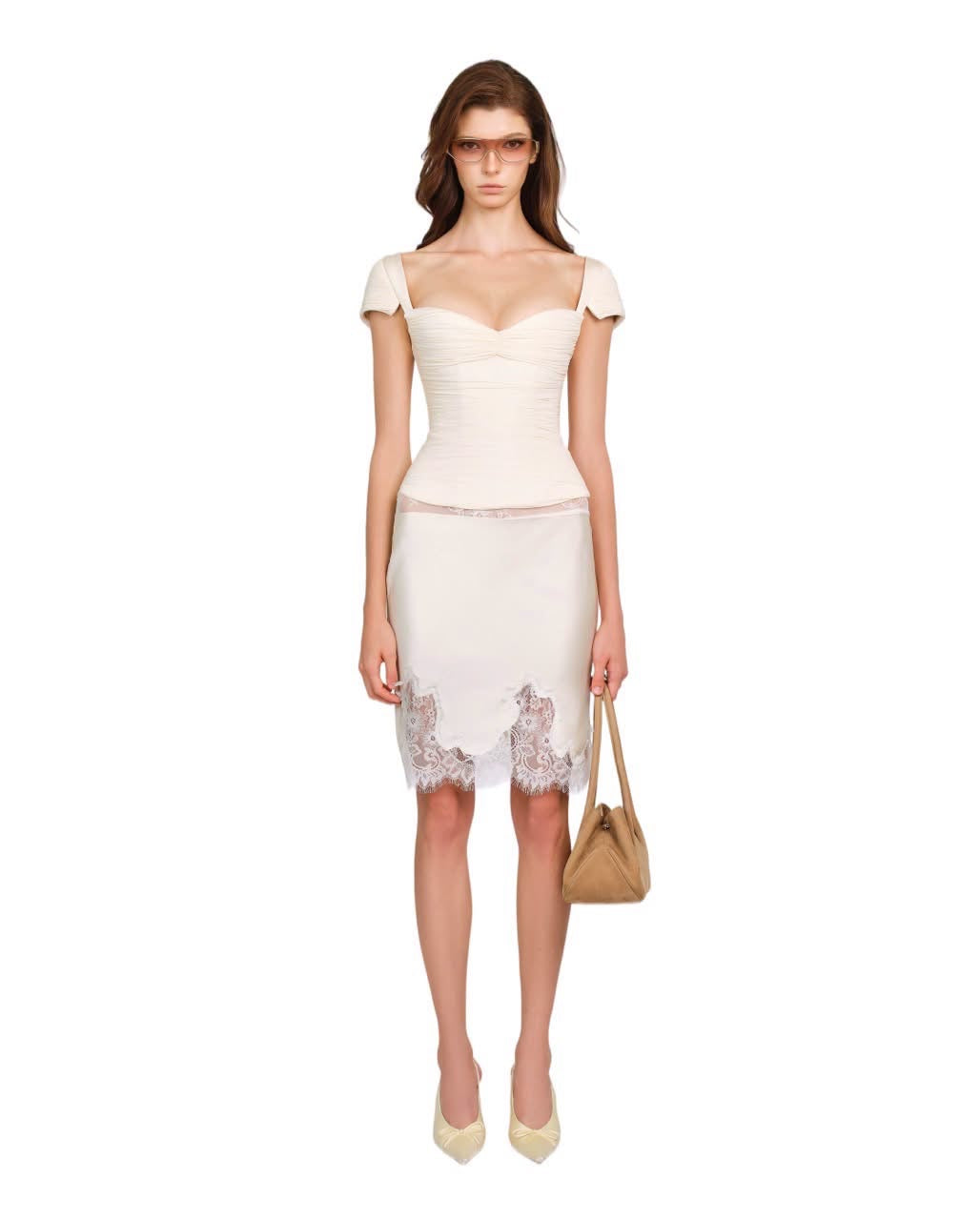 White Square-Neck Short-Sleeve Ruched Liu Top & Satin Pencil Haley Midi Skirt