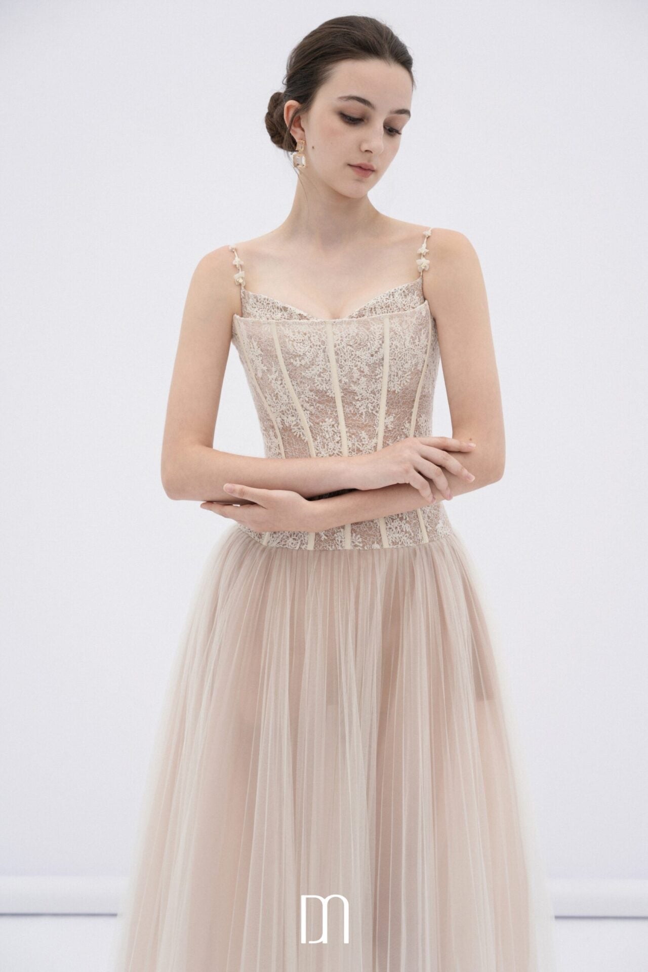 DENIOVN Elegant Fairycore Cream Alizea Corset Tulle Midi Dress