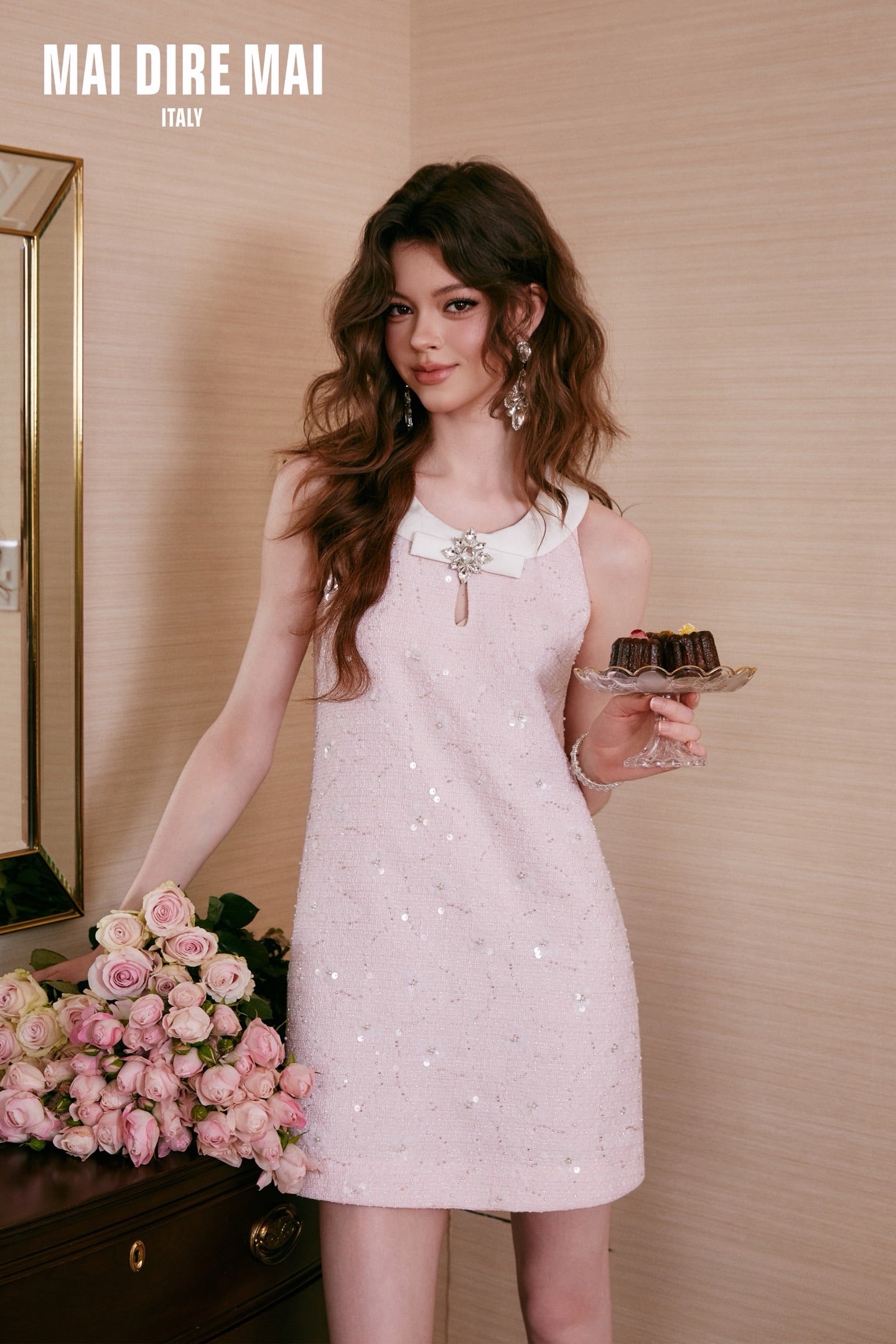 MAI DIRE MAI Sweet Elegant Pink Shining Diamond Mini Dress