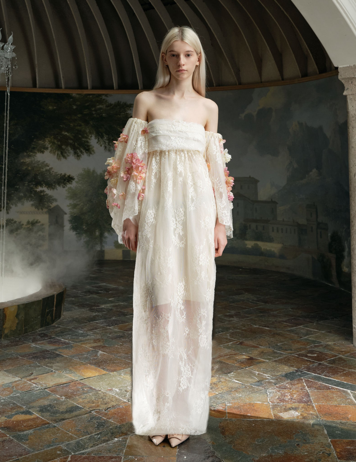 Cream Lace Off‑Shoulder 3D Floral Puff Sleeve Maxi Dress