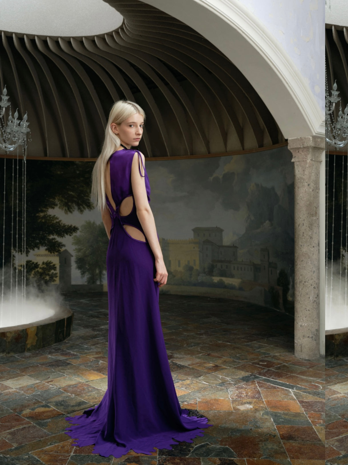 XIANGQIAO SHENG purple dress with petal hem maxi dress & black iris necklace