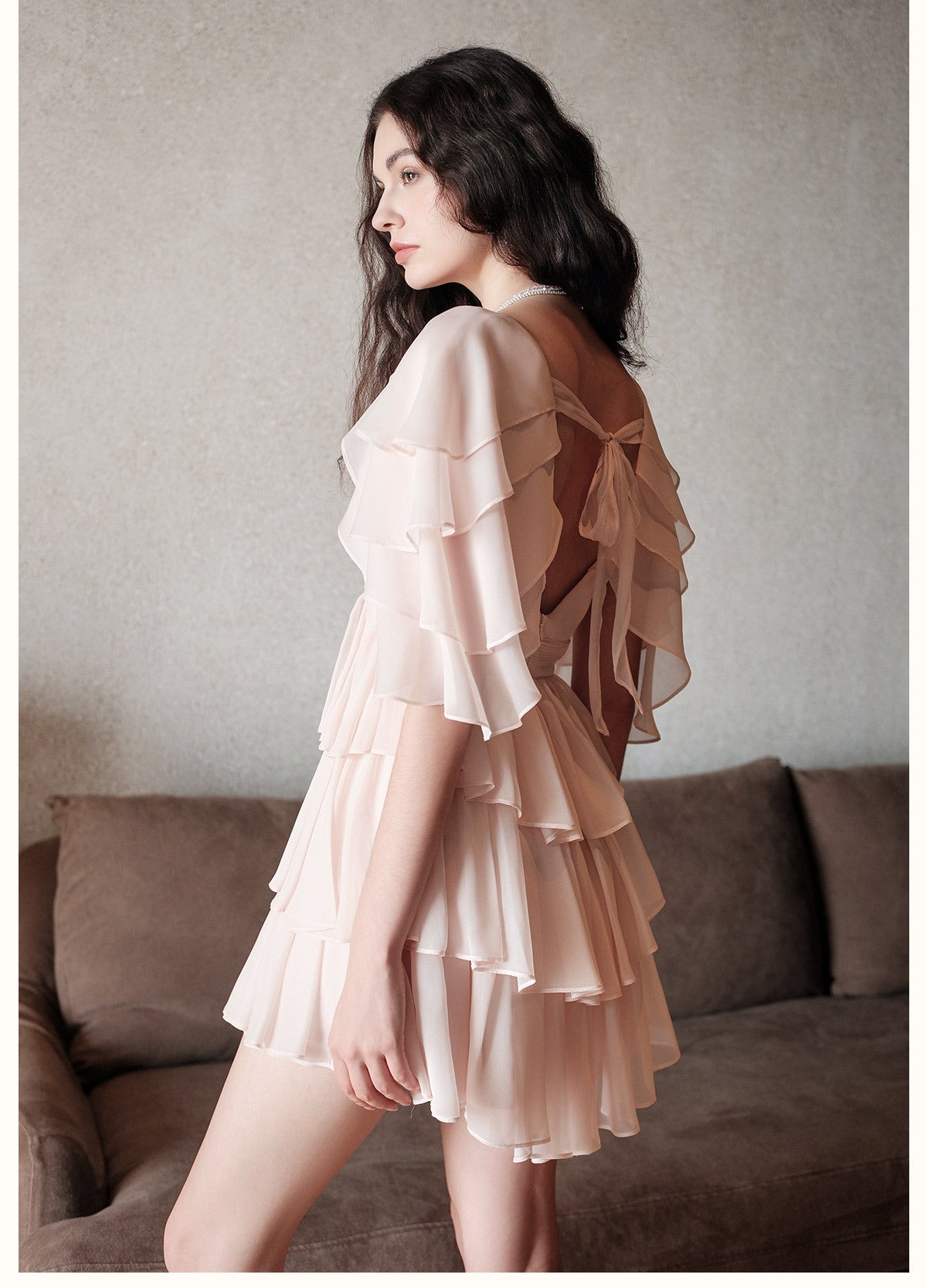 SHEERLUCK Pink Levette V-neck Vacation Mini Dress