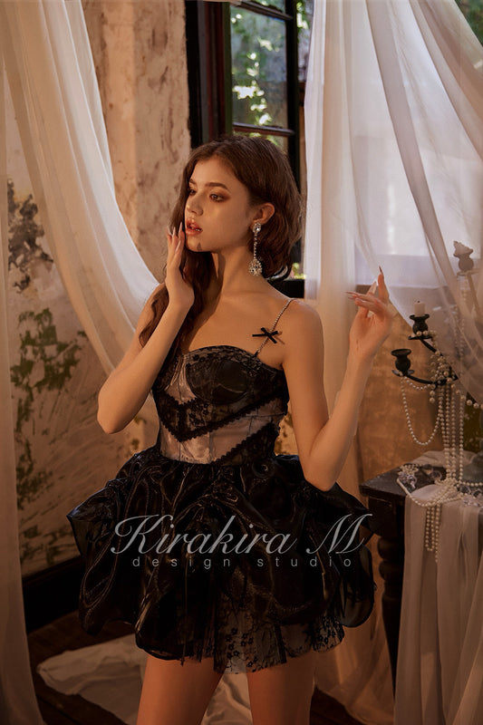 KIRAKIRA M Black Lace Puffy Mini Dress