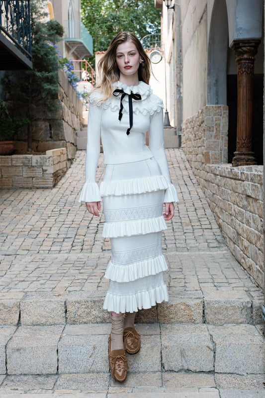 SHEERLUCK White Ribbon Vintage Ruffled Knitted Top & Skirt