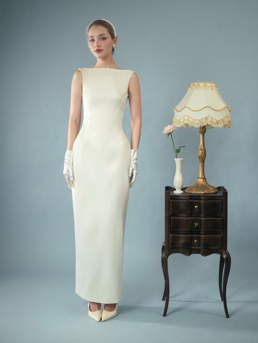 White Jollie Satin Waist Train Maxi Dress With Detachable Waist Train