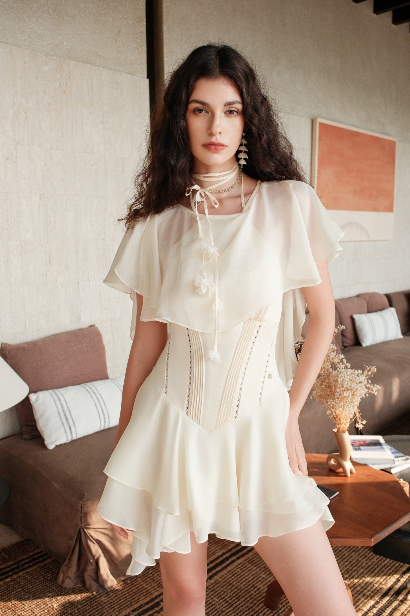 SHEERLUCK Sweet Vacation White Soffio Chiffon Printed Flowy Mini Dress
