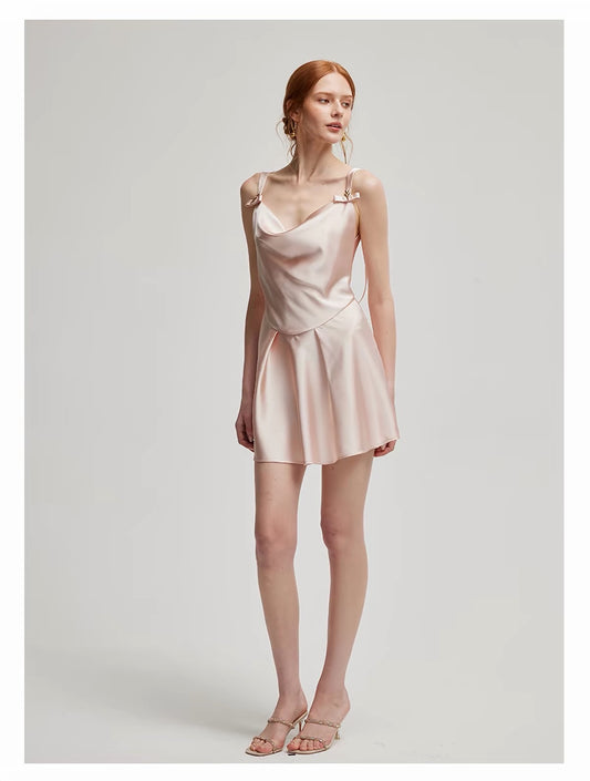 Pink Satin Cowl-Neck Slip Mini Dress
