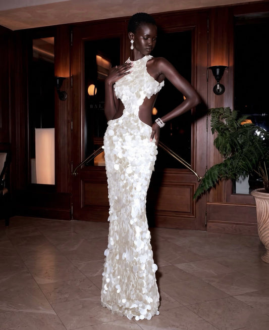 White High-Neck Halter Paillette Sequin Cut-Out Evania Maxi Dress