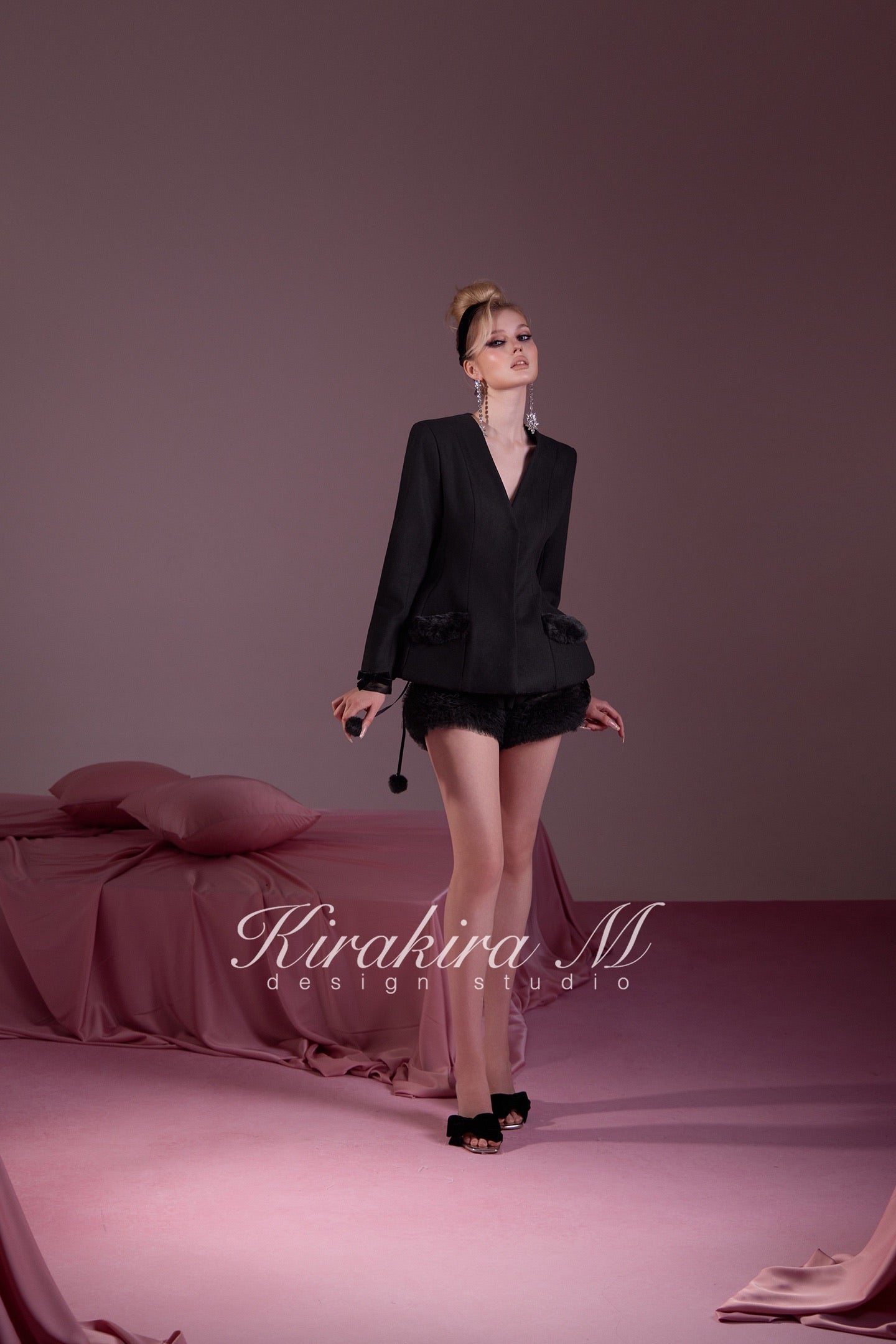 KIRAKIRA M Black Wool V-Neck Fitted Jacket & Low-Waisted Bell-Bottom Shorts