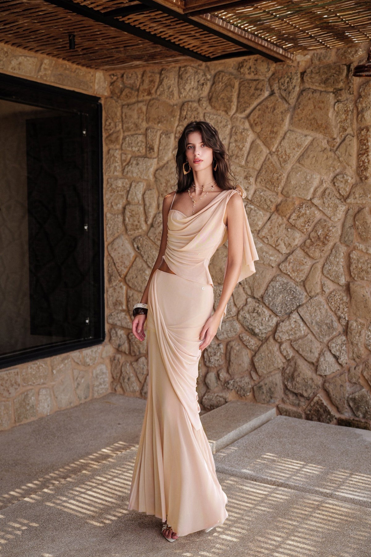 Nude Asymmetric One-Shoulder Draped Cutout 3D Floral Mermai
 Top & Maxi Skirt