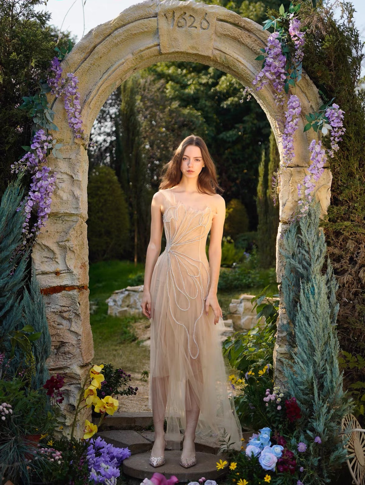 Nude One-Shoulder Beaded Butterfly Tulle Midi Dress