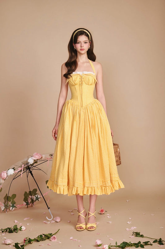 SISSY NATION Sweet Elegant Fairycore Yellow Secret Garden Midi Dress