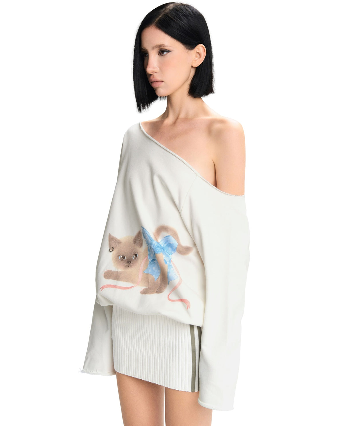 White Off-Shoulder Cat-Print Oversized Ling Mnii Dress
