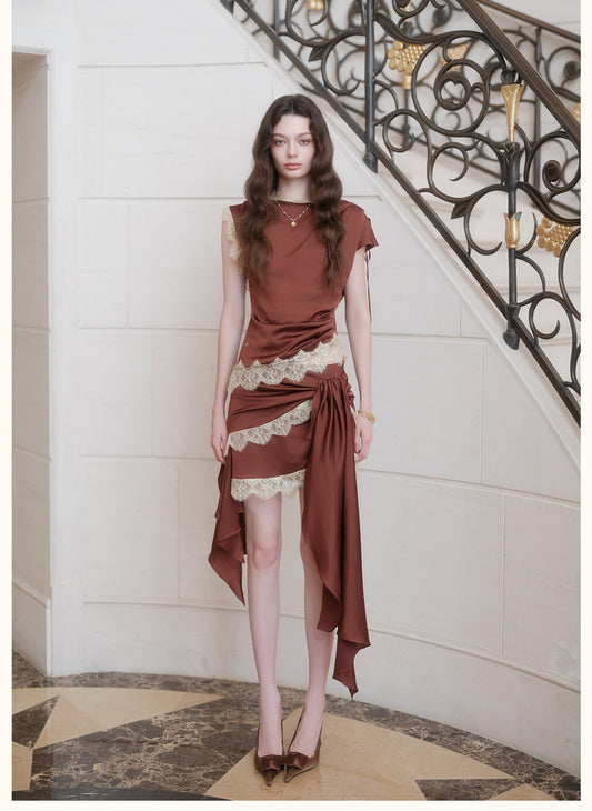 Brown Short-Sleeve Draped Satin Lace-Trim Twist Asymmetric Top & Mini Skirt