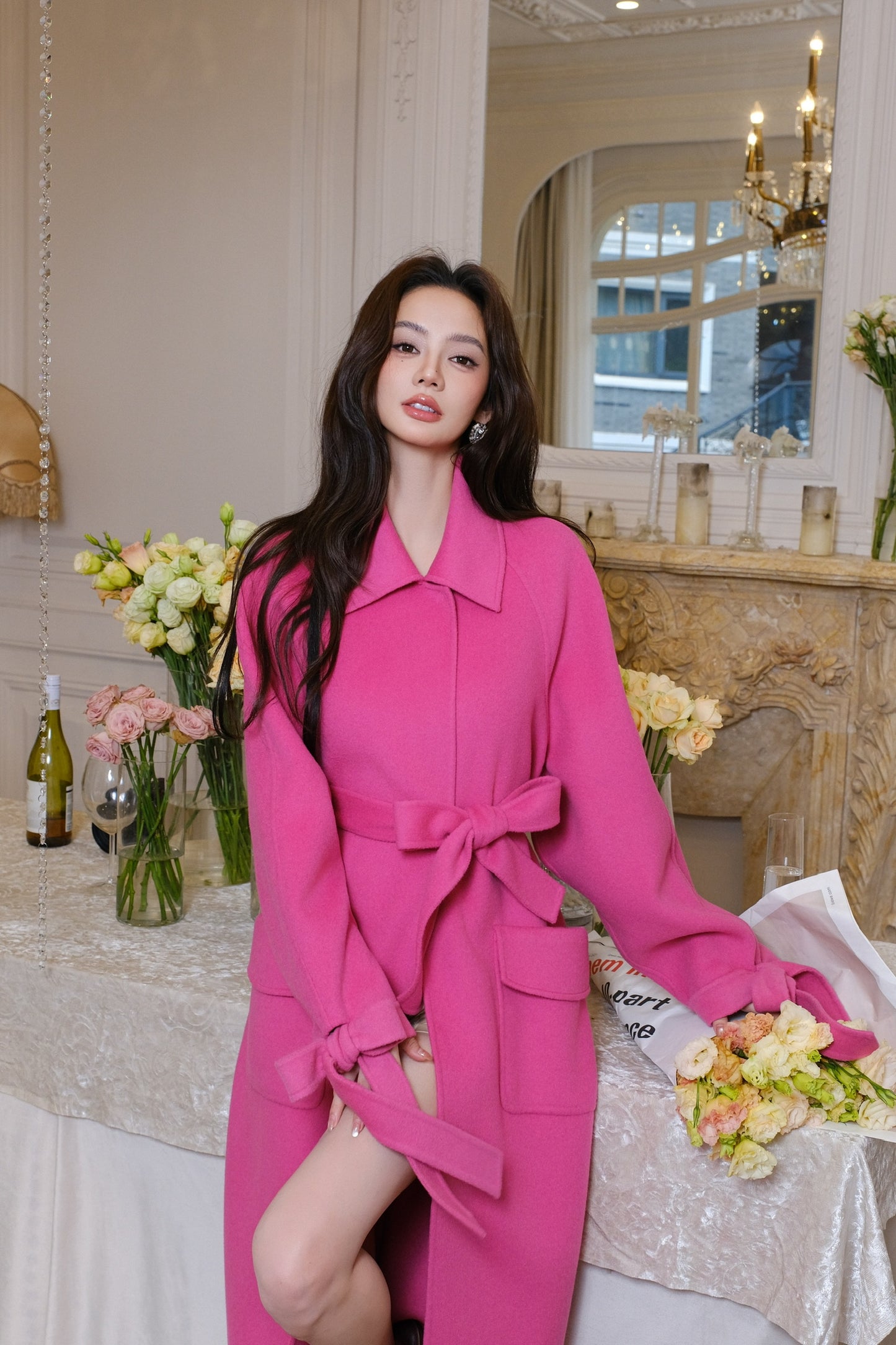 Maison Wester Bright Pink Collar Button-Up Tweed Coat