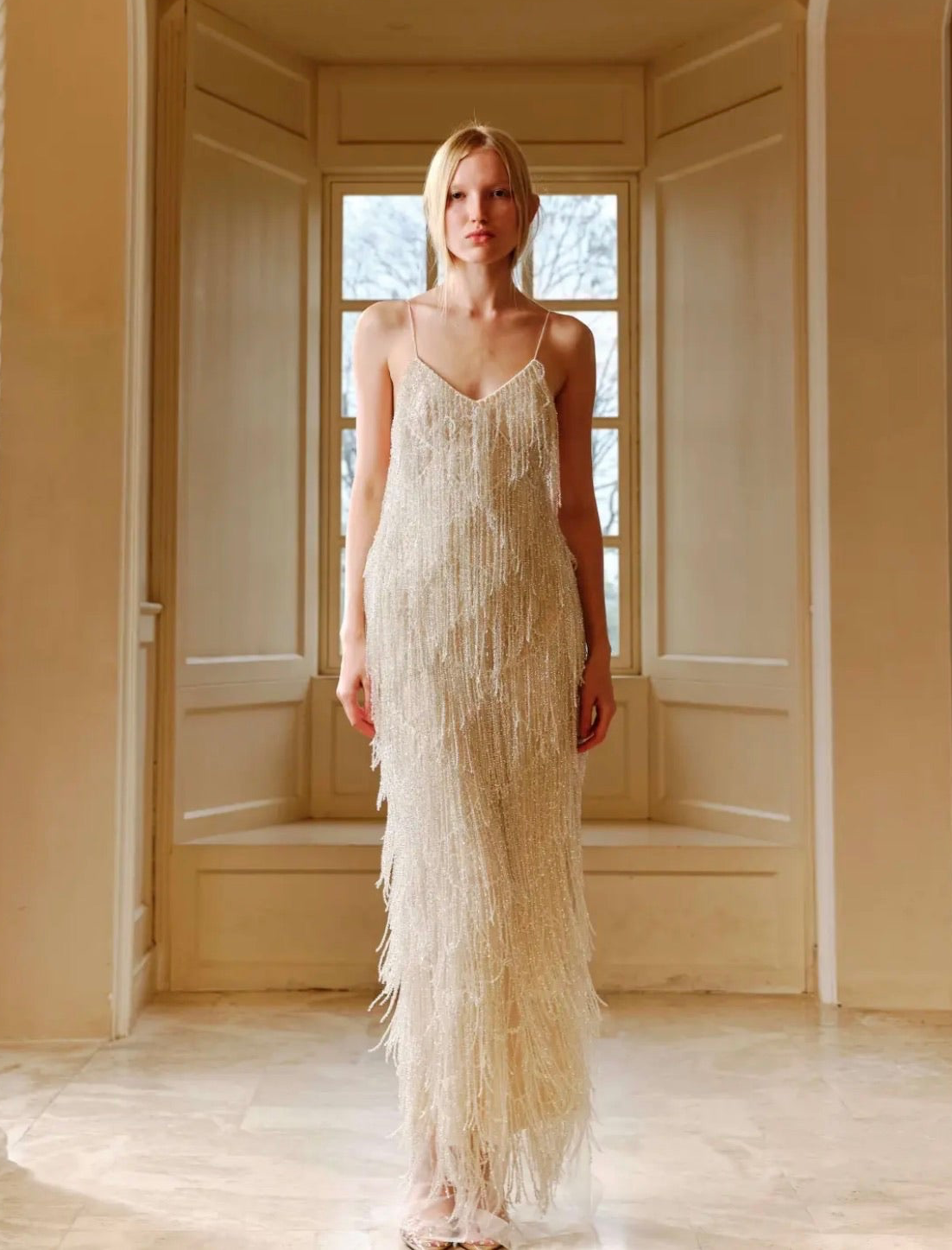 White Thin Strap Fringe Sequin V‑Neck Maxi Dress