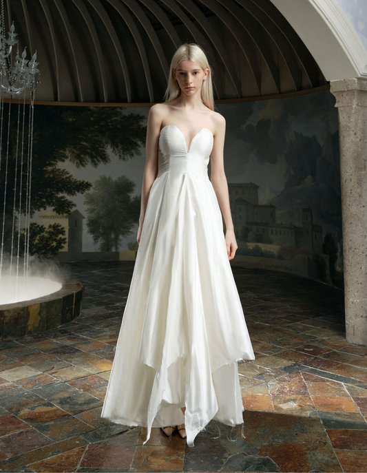White Satin Bustier Sweetheart Structured Asymmetric Maxi Dress