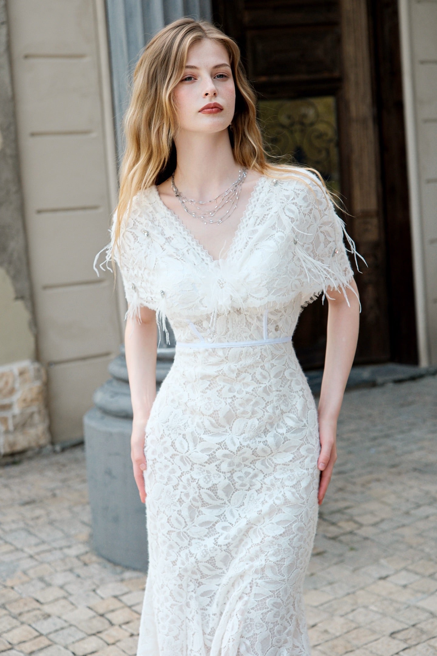 SHEERLUCK Pink V-Neck Lace Shawl-Trimmed Strapless Maxi Dress