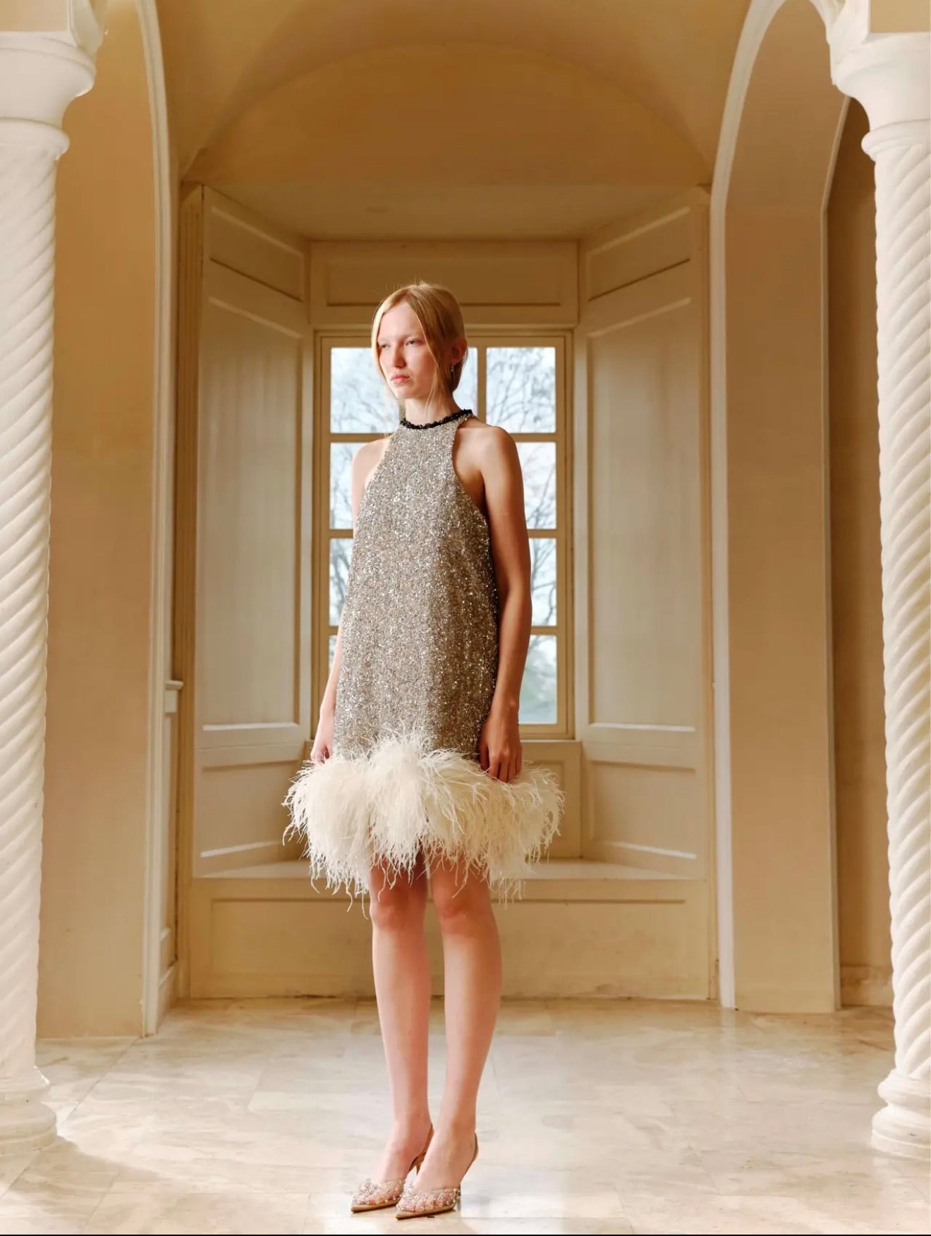 XIANGQIAOSHENG Grey Glittering Feathers Mini Dress