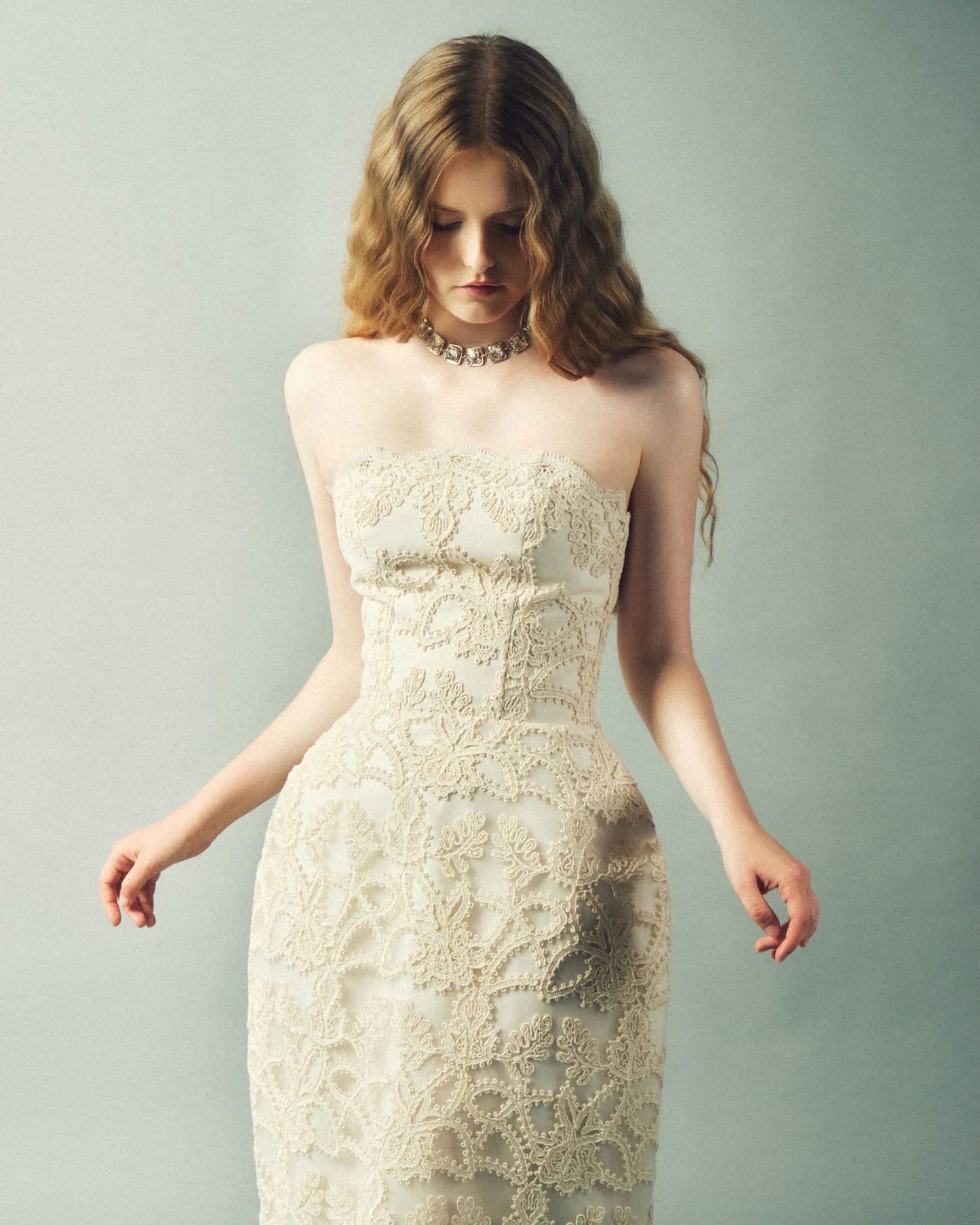 DELICIAE Cream Lace Raye Maxi Dress