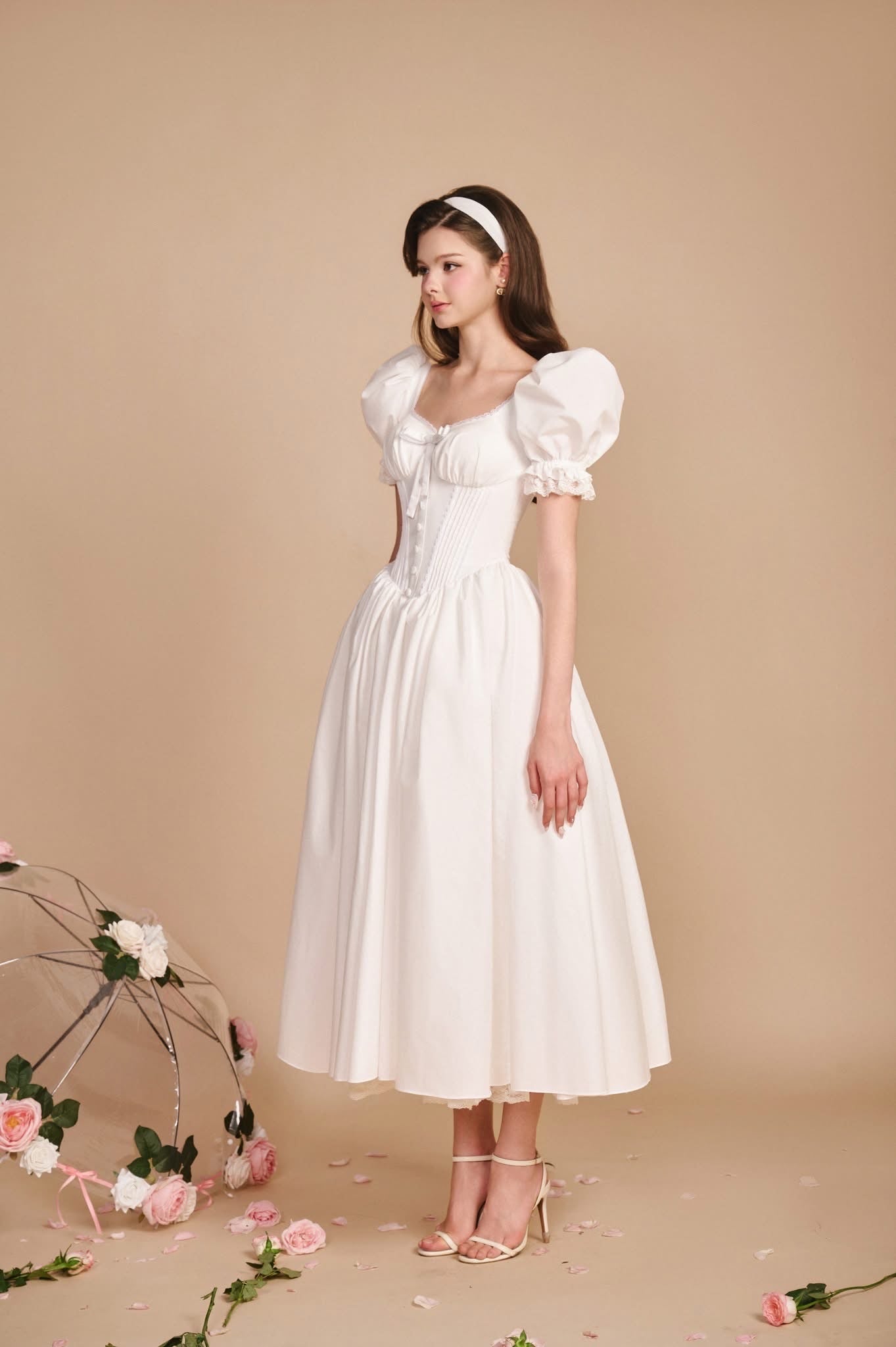SISSY NATION Sweet Elegant Fairycore White Delina Corset Midi Dress
