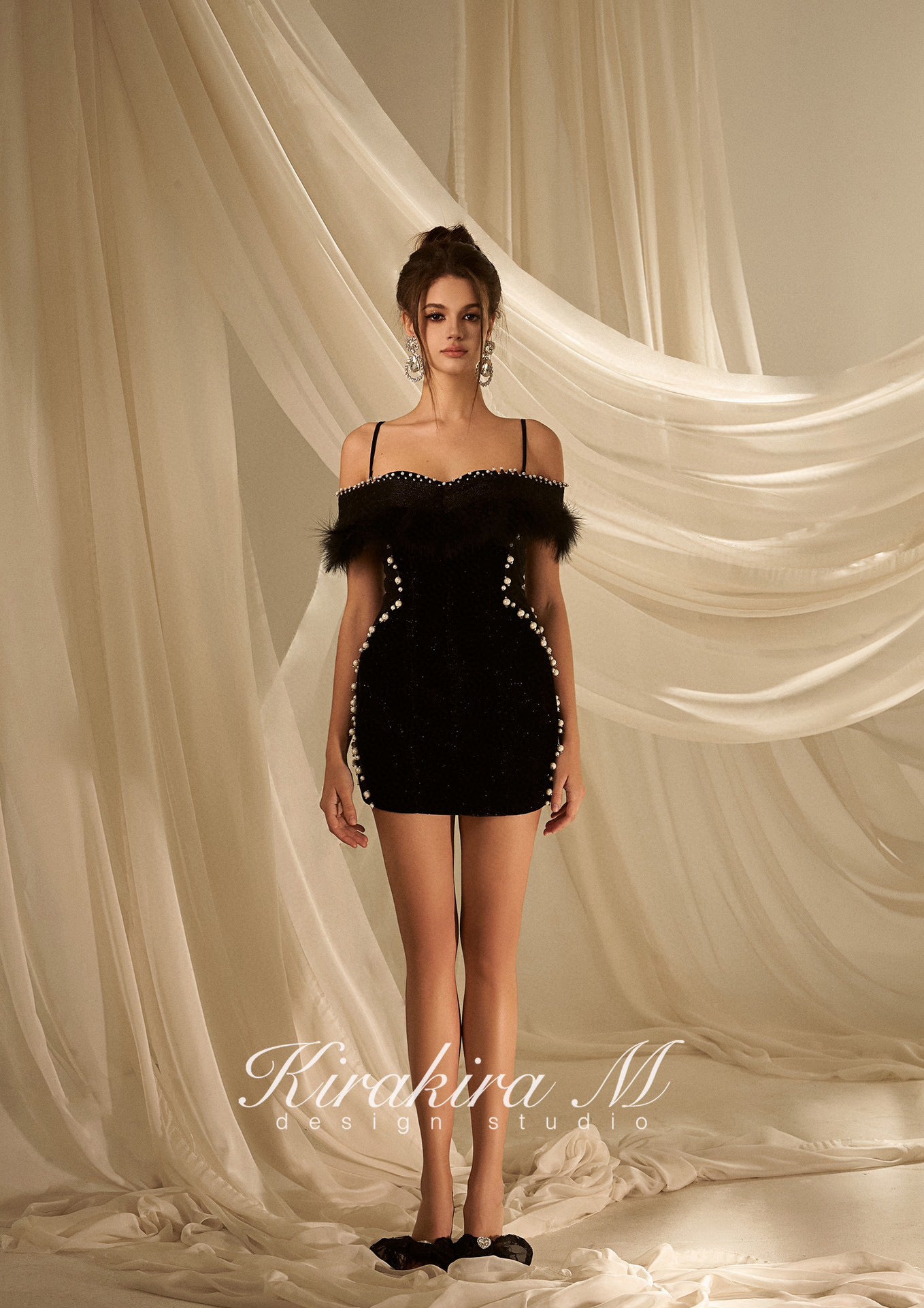 KIRAKIRA M Black velvet off shoulder mini dress with feather deatail