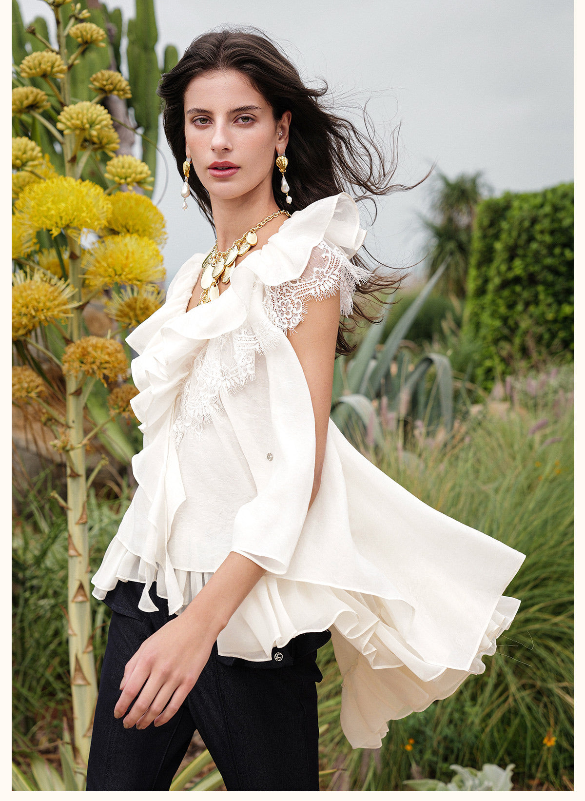 SHEERLUCK Vacation Fairycore White Ripple V-neck Top & Indigo Pants