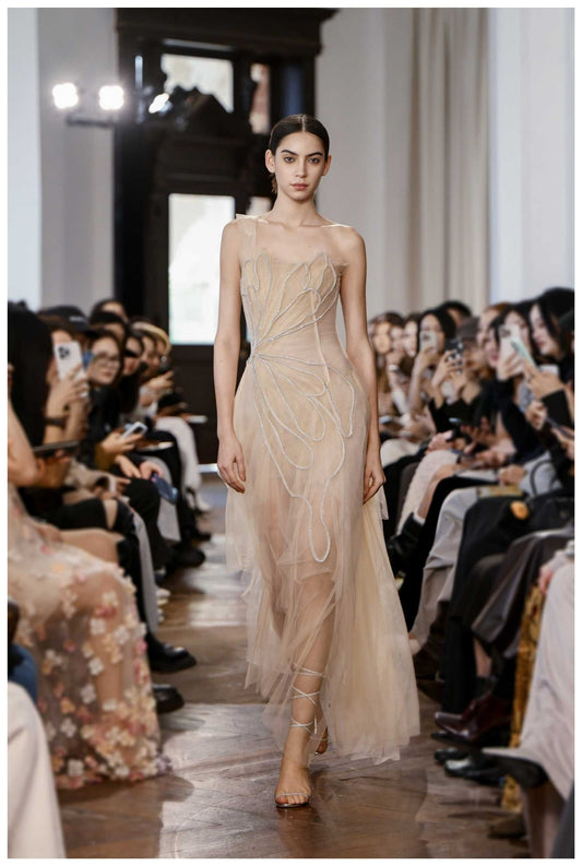 Nude One-Shoulder Beaded Butterfly Tulle Midi Dress