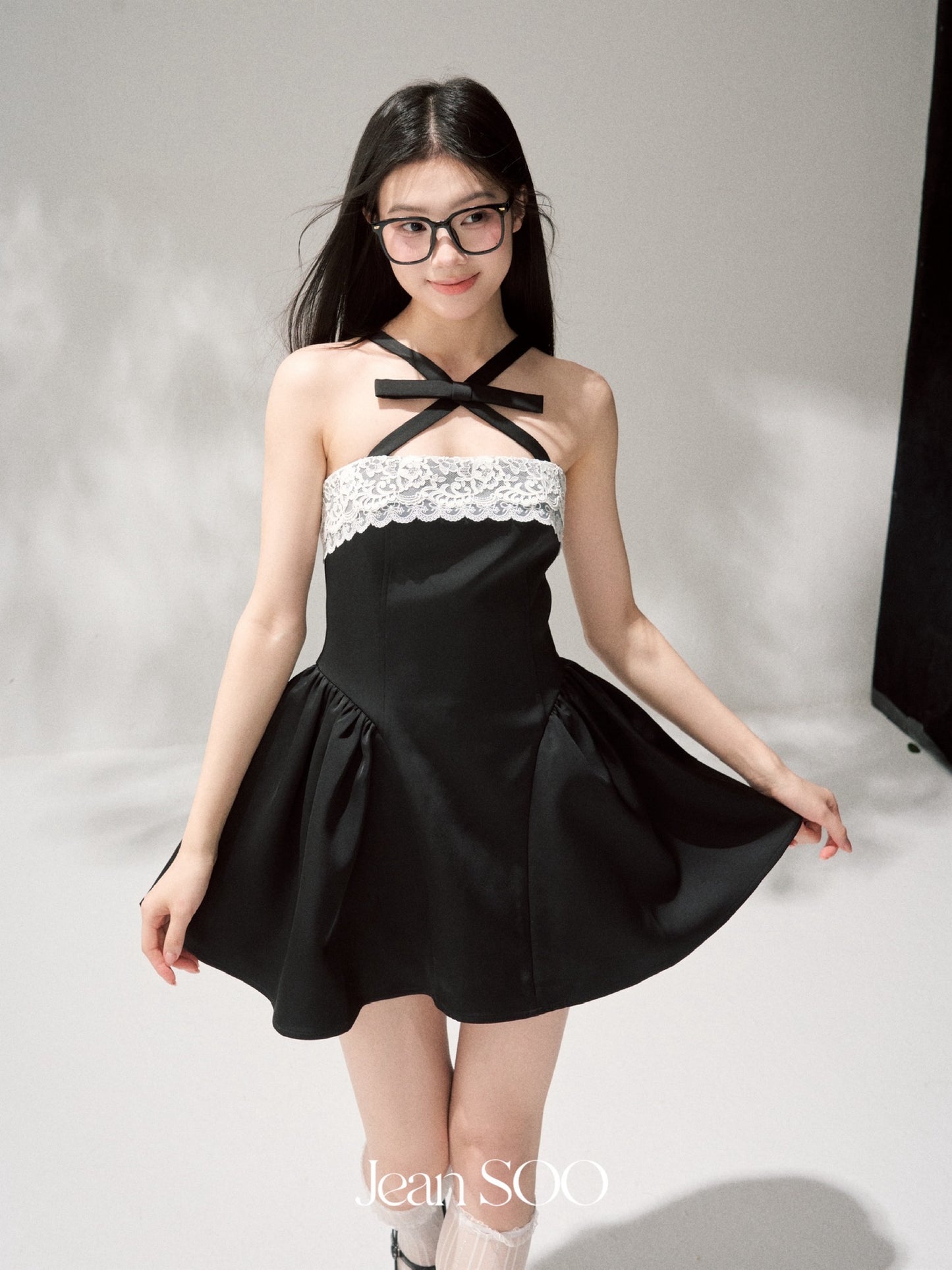 JEAN SOO Sweet Vacation Black Lace Bow Mini Dress