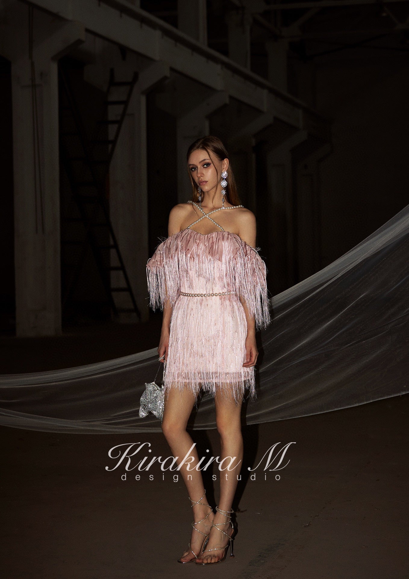 kirakira M Pink  Fringed Backless Gown mini Dress