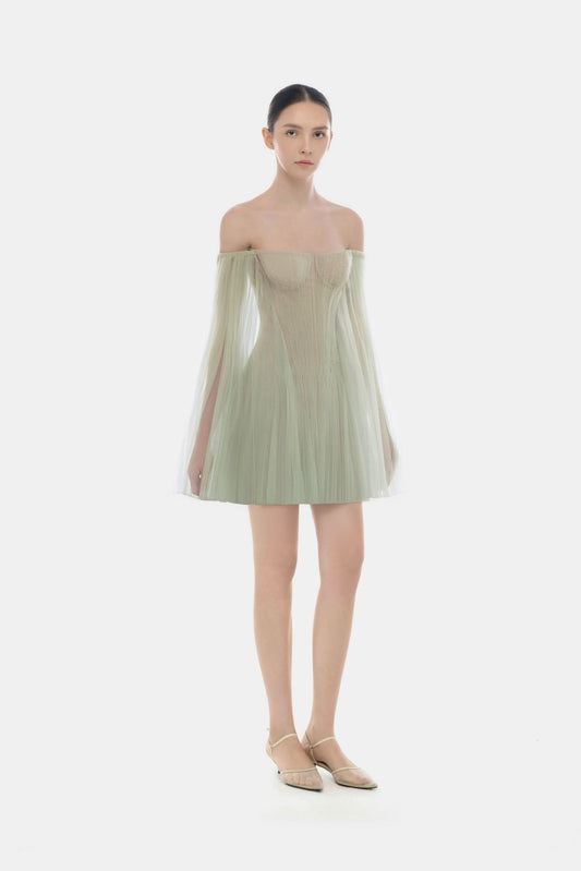 MONTSAND Green Elegant Vacation Tulle Off-shoulder Mini Dress