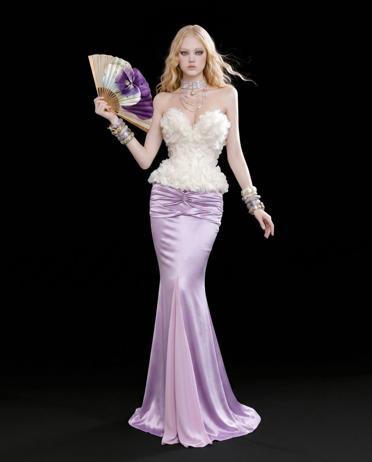 White Strapless 3D-Flower Maty Top & Satin High-Low Trumpet Reniosa Midi Skirt