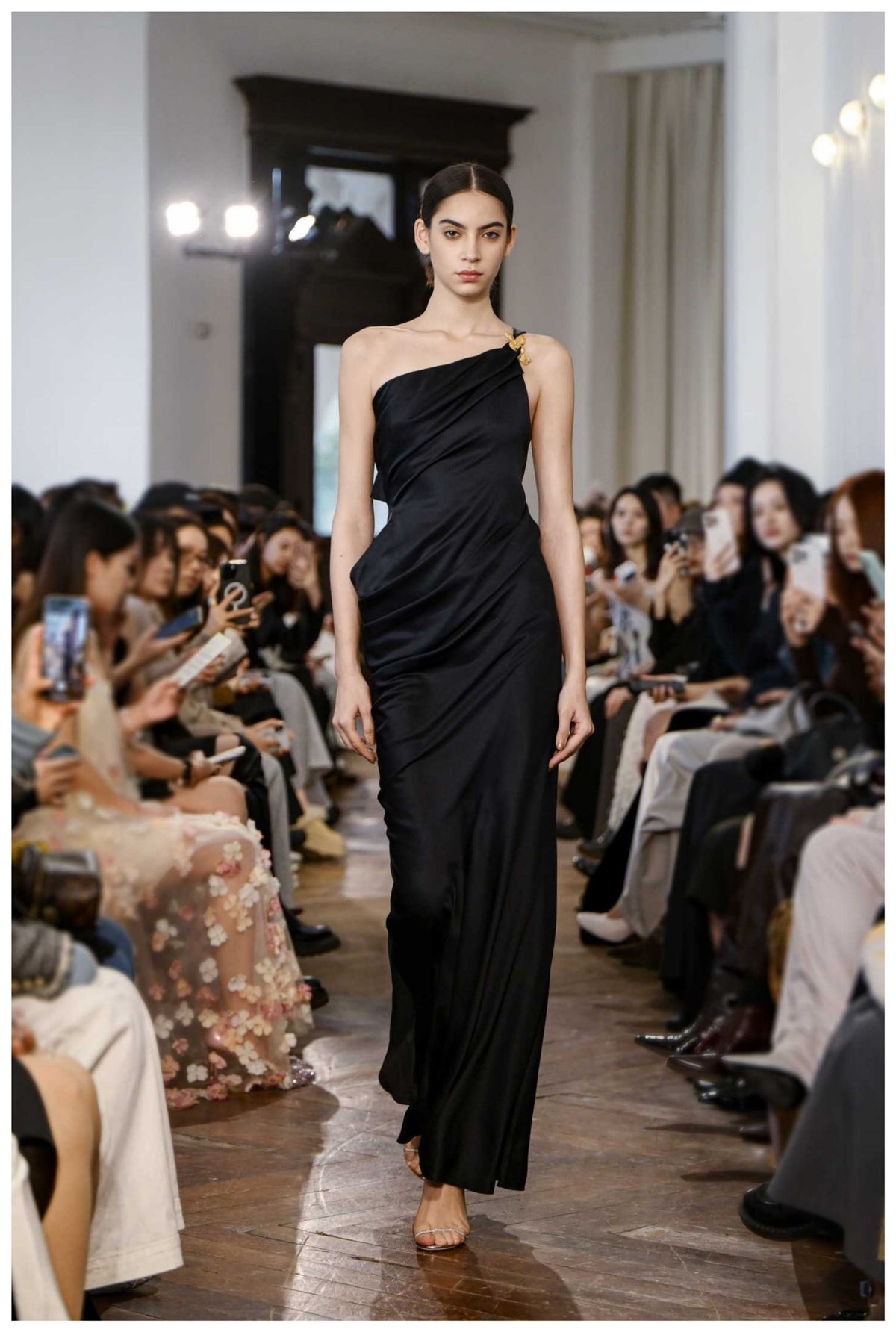 White Satin Draped One Shoulder Maxi Dress