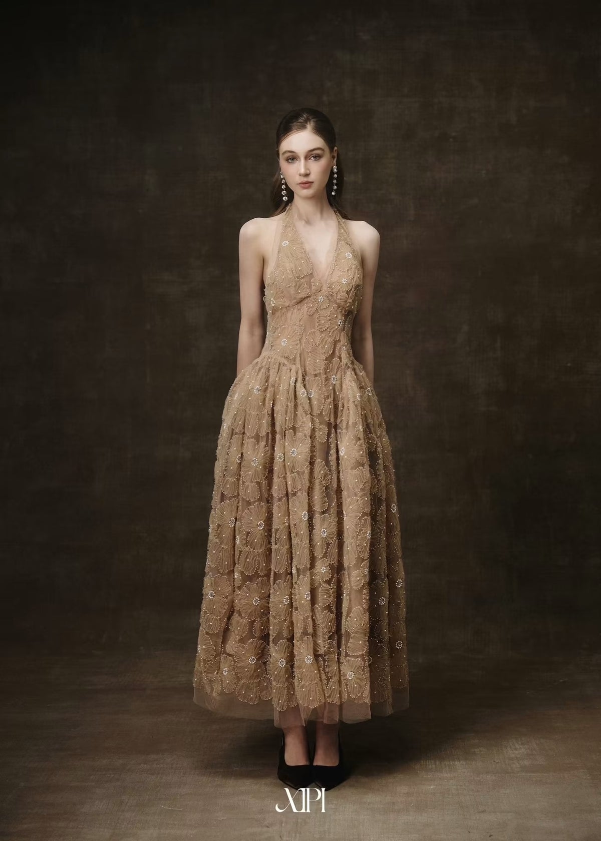 Brown Halter-neck Pearl Embellishments Lace Marielle Maxi Dress