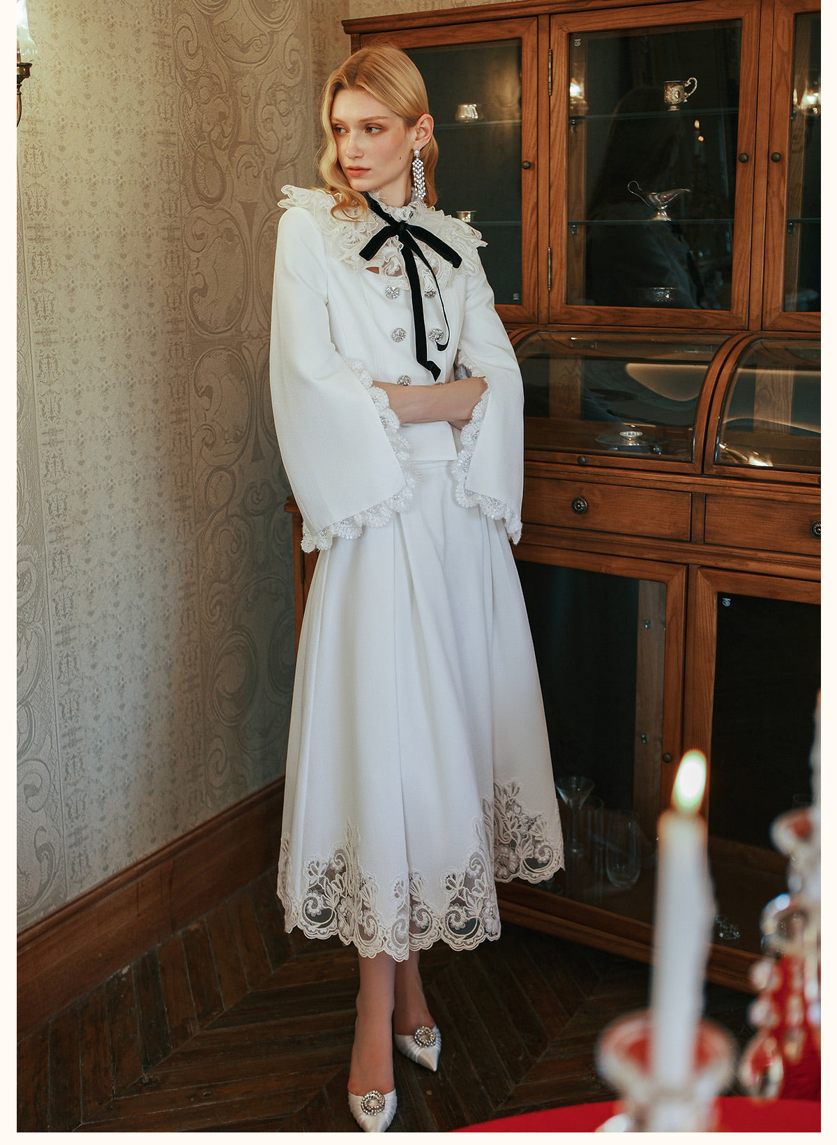 SHEERLUCK Black Mirage Vintage Stand Collar Lace & Diamond-embellished Jacket & Skirt