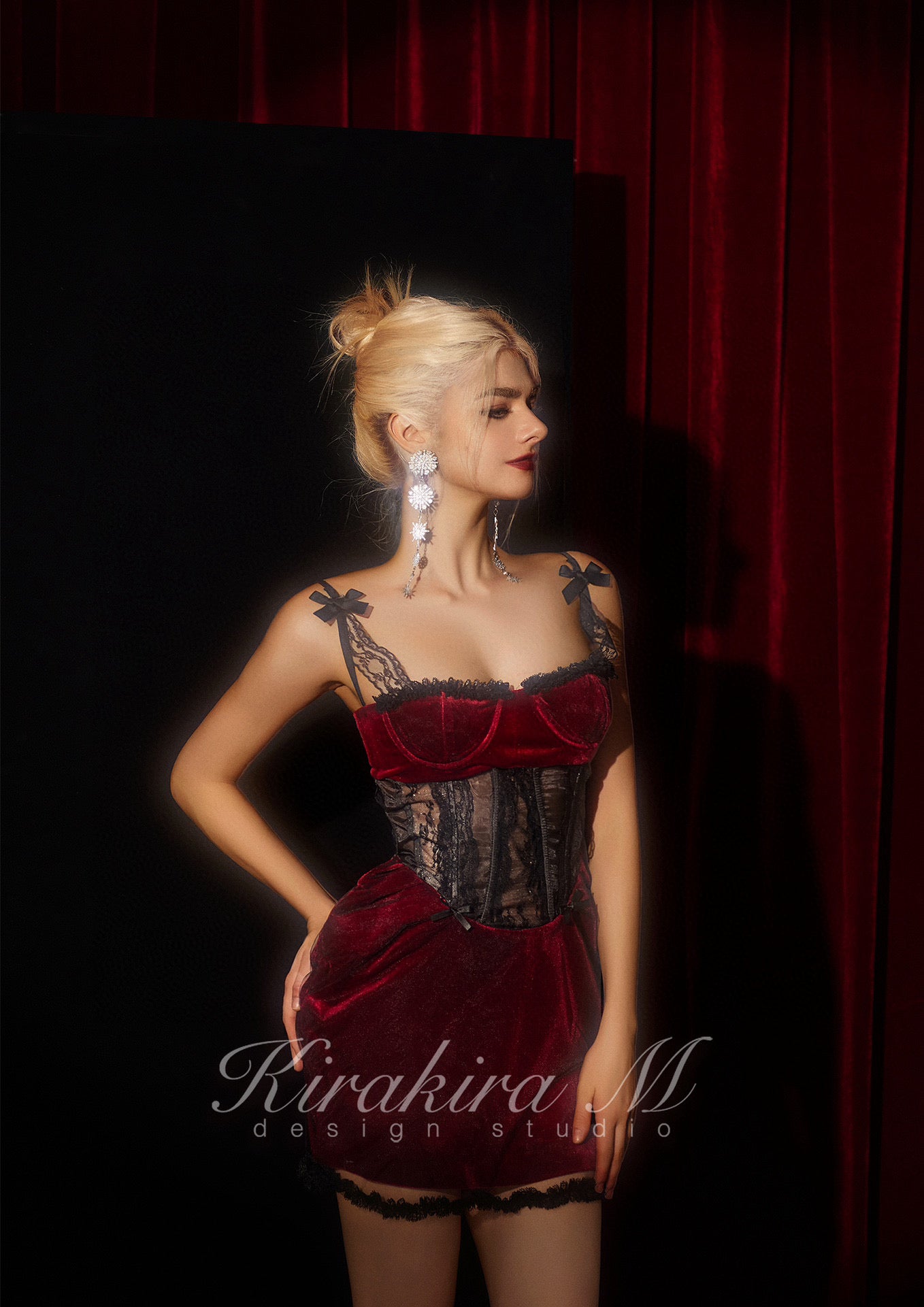 KIRAKIRA M  Red velvet with fishbone lacy party Mini Dress